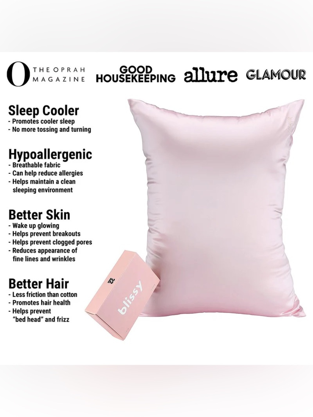 New Blissy 100% Mulberry Silk Standard Pillowcase Blush Pink - Picture 2 of 5